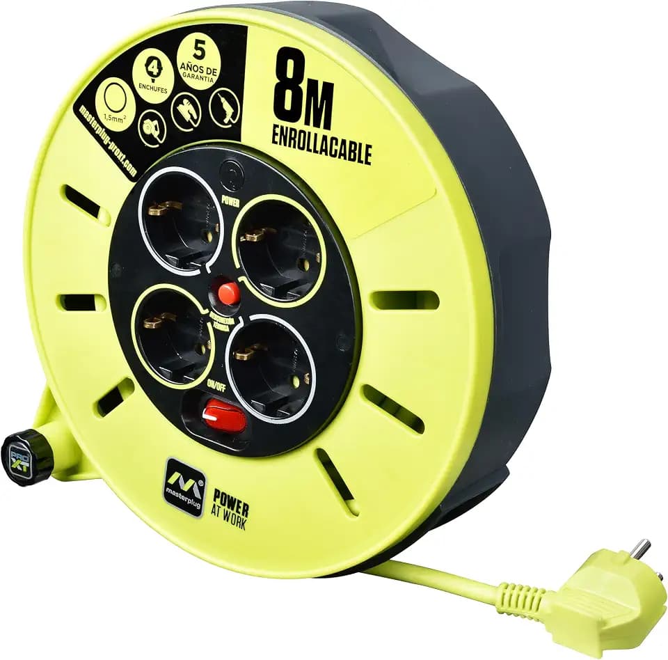 Masterplug Pro-XT Kabeltrommel, 8 m, 4 Schuko-Steckdosen, elektrische Verlängerung 16 A, Thermoschutz, Kabel mit hoher Sichtbarkeit