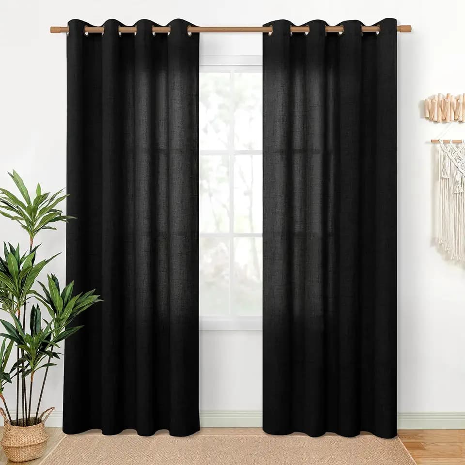 YoungsTex Black Linen Semi Sheer Curtains 80 Inch Length for Living Room