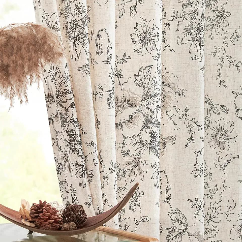 jinchan Vintage Floral Linen Curtains 90 Long for Living Room 2 Panels