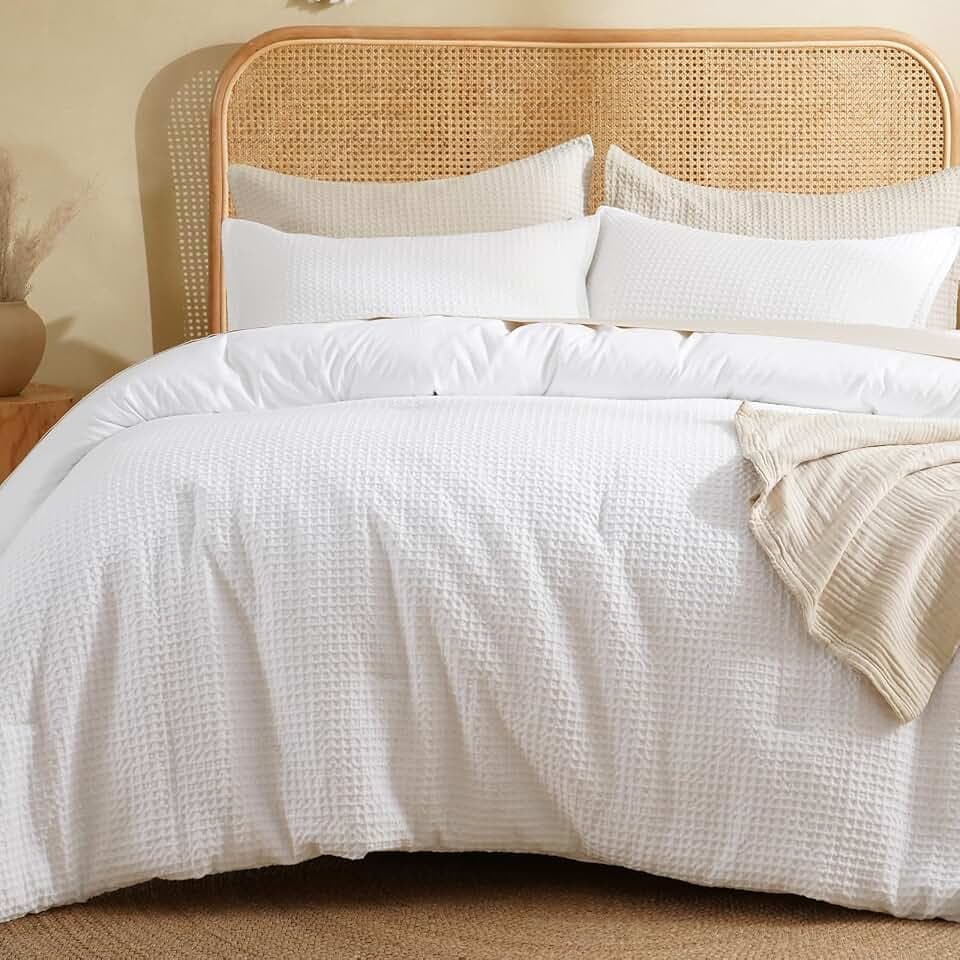 David's Home Textured Summer Waffle Weave Comforter Set, Queen, White