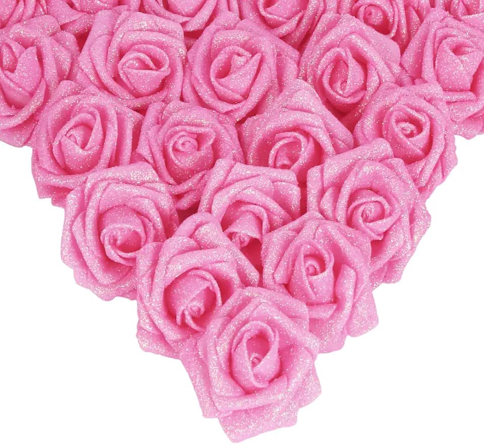 IPOPU Pink Glitter Roses,25PCS Fake Roses Sparkle Roses Bouquet Roses Artificial Flowers with Stems for Cake Wedding Bouquet Home Party Decoration(Dark Pink)