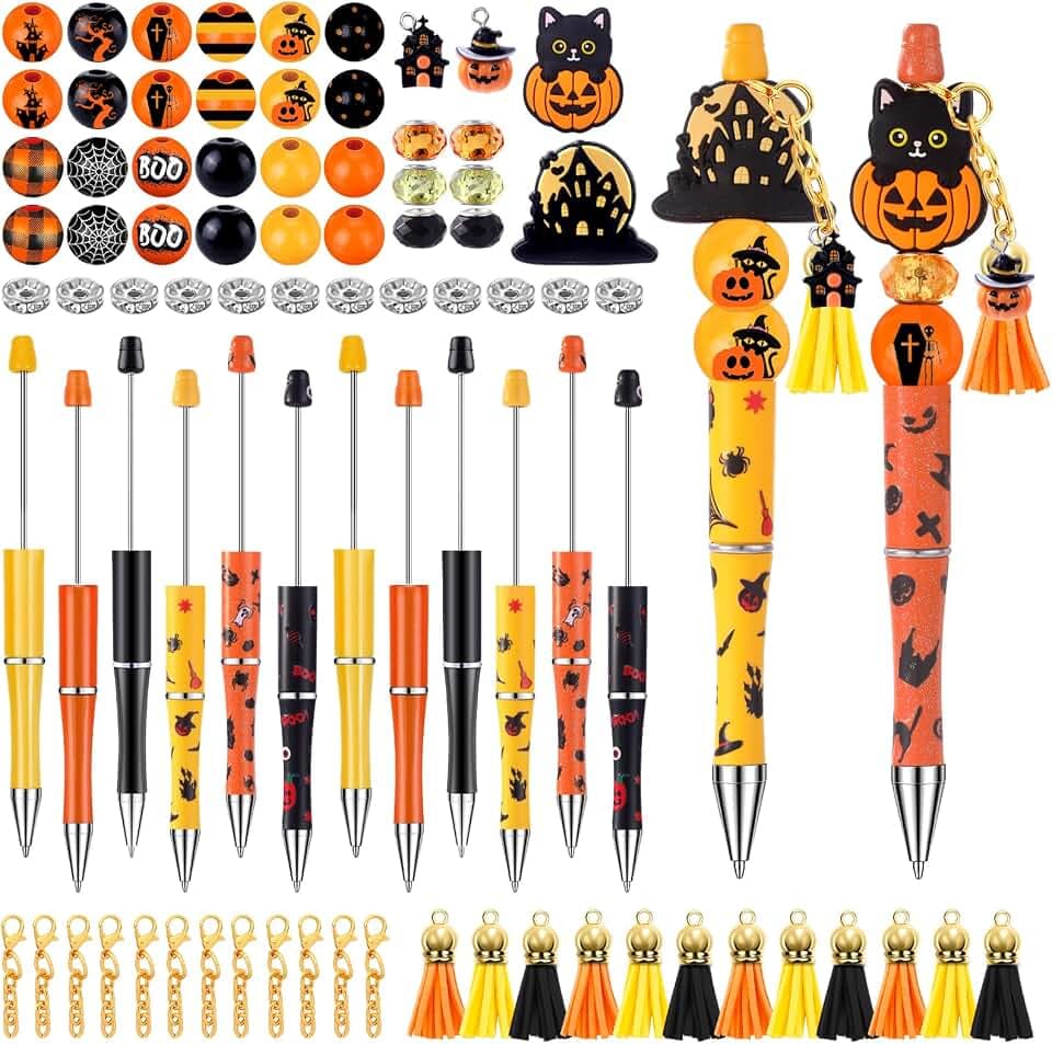 12 Set Halloween Pumpkin Beadable Pens DIY Kit Stickers Pendants Clasps