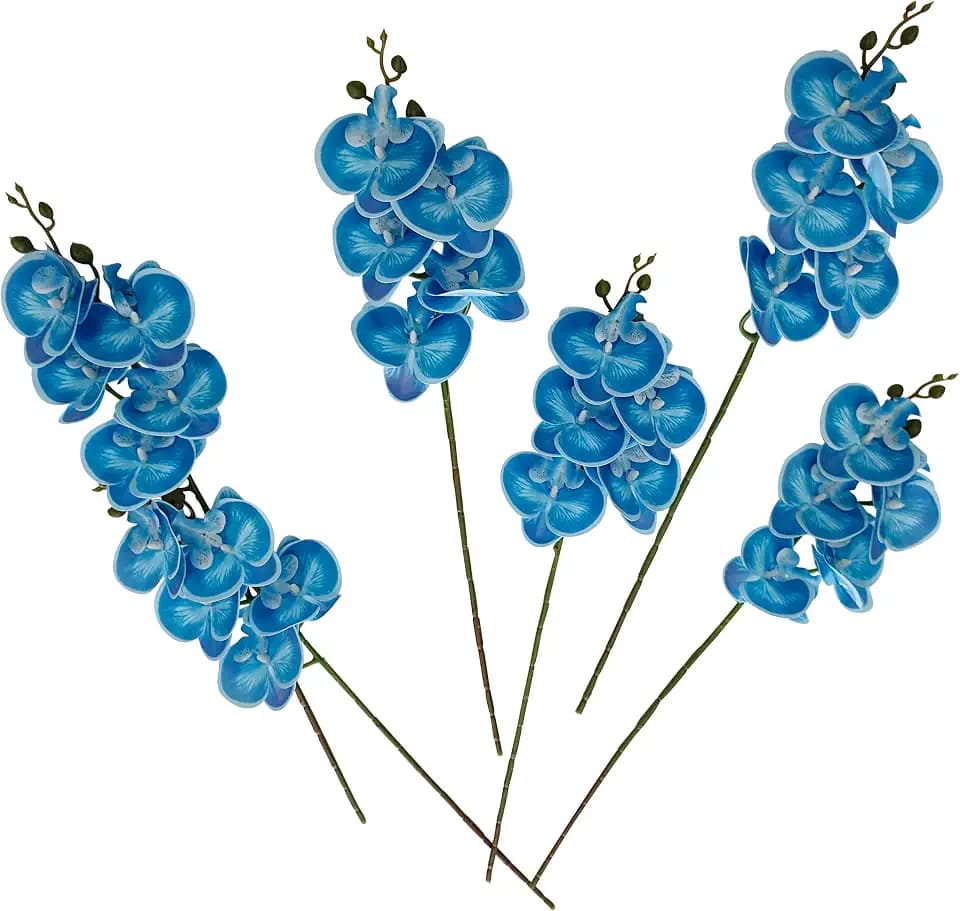 ATFL 6 Pack Blue Orchid Artificial Flowers Real Touch, 23'' Artificial Faux Realistic Latex Orchid Stem Bouquets, Fake Phalaenopsis Flower for Wedding Home Arrangement Décor (6, Blue)