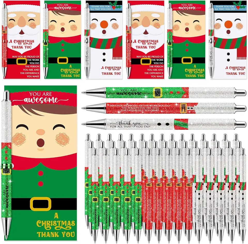 Sayglossy 50 Sets Christmas Glitter Pen Gifts Bulk Glitter Santa Claus Novelty Pens Snowman Elf Inspirational Christmas Ballpoint Pens with Thank You Cards for Employee Teacher Coworker