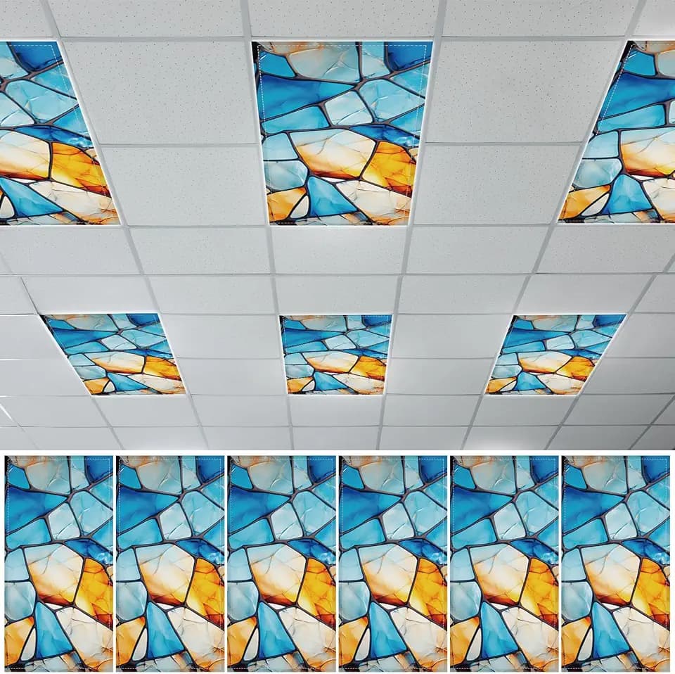 QOUBAI 6 Pcs Fluorescent Light Covers,4 x 2 Ft Magnetic Light Filters Colorful Art Fluorescent Lights Shade Easy Install for Classroom Office Library Hospital Home Ceiling Blue Glass