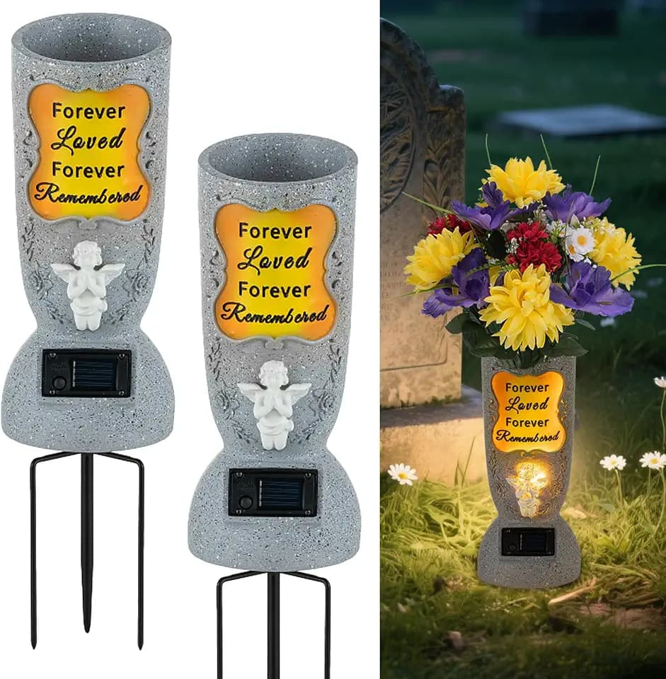 Solar Cemetery Vases for Grave with Spikes: 2 Pcs, LED Angel
