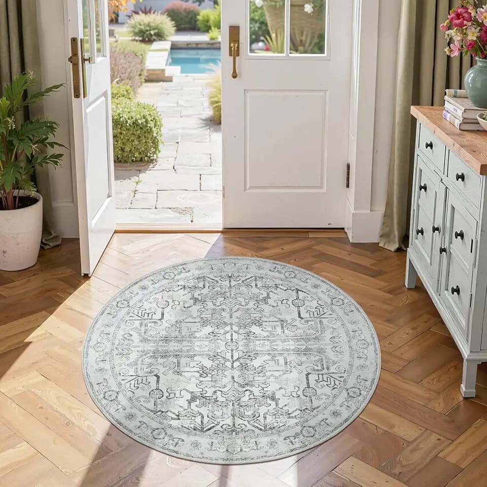jinchan 4ft Washable Indoor Round Area Rug, Vintage Floral Non-Slip, Grey