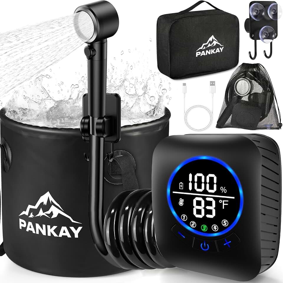 Rechargeable Portable Shower Pump for Camping, 8000mAh, XL Foldable Bucket