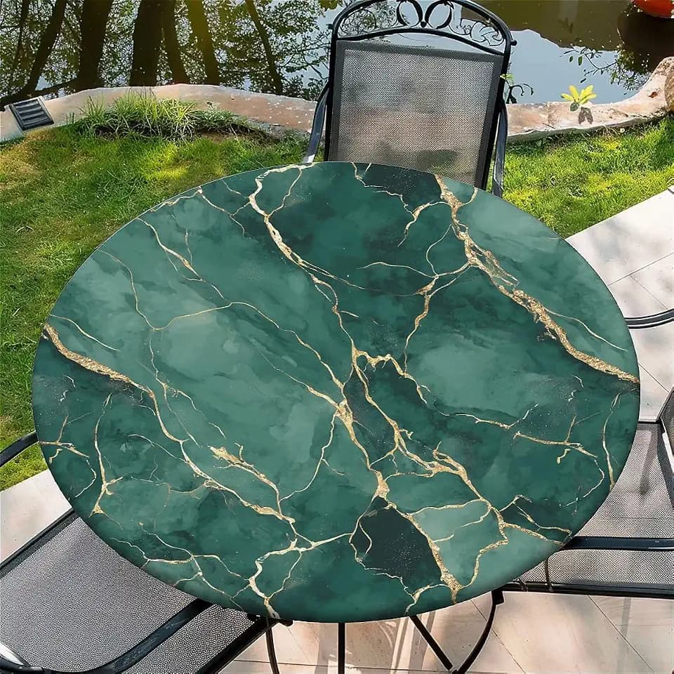 Round Fitted Tablecloth with Elastic Edge Design Table Cover Waterproof Table Cloth Stain-Resistant for 37"-44" Round Table for Dining, Picnic, Party, Decor, Outdoor, Green Marble