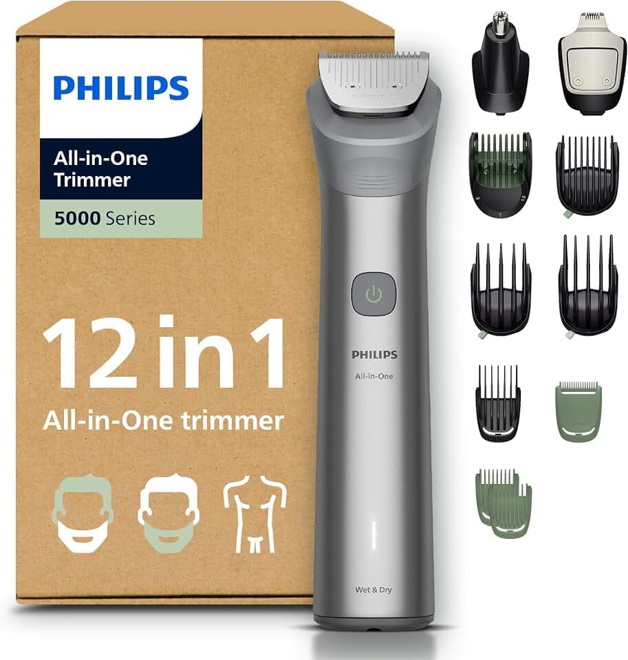 PHILIPS Multigroom Series 5000 All-in-One 12-teiliger Barttrimmer und Haarschneider für Gesicht, Kopf und Körper, selbstschärfende Metallklingen, 20 Längeneinstellungen (0,5-20 mm), Modell MG5952/30