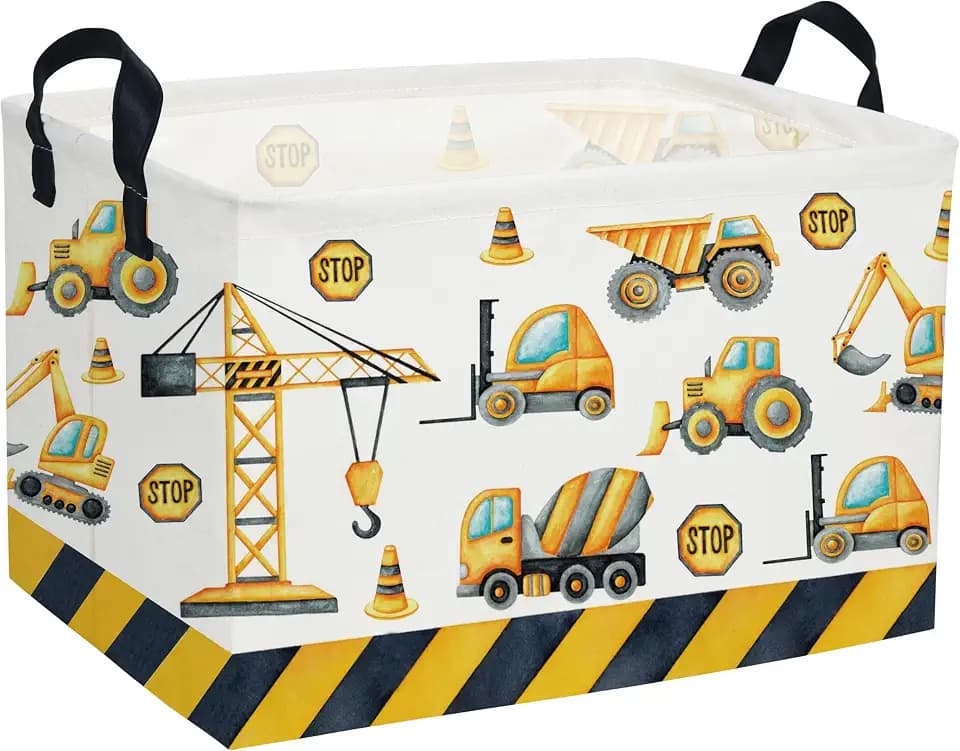 Essme Rectangular Kids Baskets,Car Storage Basket with Handles for Boys Room Decor,Vehicle Storage Bin(Engineering Vehicle)