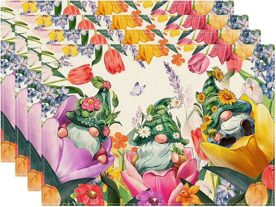 XCHI Tulips Gnomes Flowers Spring Placemats Set of 4 Summer Table Mats for Party Home Kitchen Dining Table Decorations 12x18 Inch