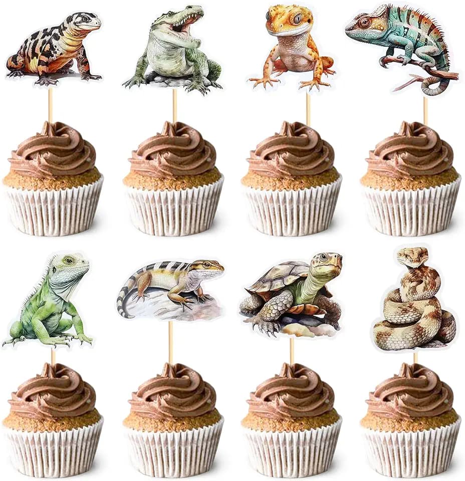 Ercadio 32 Pcs Reptiles Cupcake Toppers Chameleon Lizard Snake Alligator Turtle Cupcake Pick Decorations for Reptiles Theme Baby Shower Birthday Party Cake Decorations Supplies