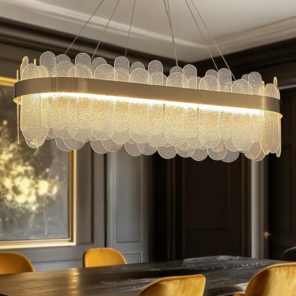 Gold Linear Chandelier, Modern Rectangle Glass Pendant Light Fixture with LED 3-Color Dimmable Lighting, Luxury Ceiling Light for Dining Room, Kitchen Island, Living Room & Foyer, 39.3 Inch