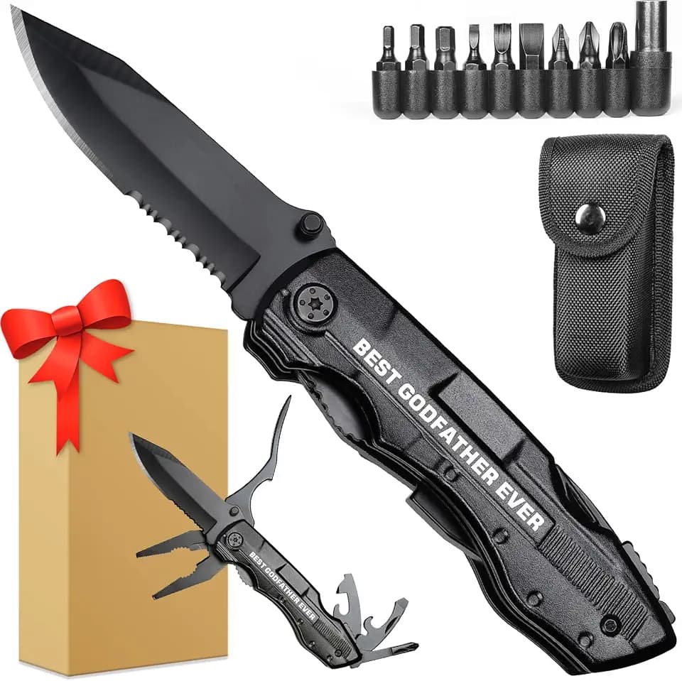 Godfather Gift, Multitool Knife, Godfather Proposal Gifts, Godfather’s Gifts from godchild, Christmas Practical Present, Gift for Camping, Hiking, Fishing, 20 in 1 Multitool