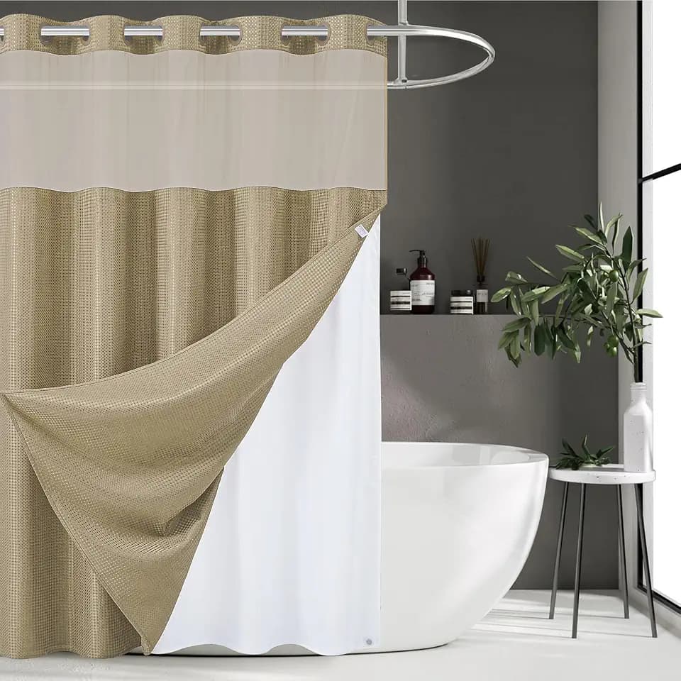 Furlinic Extra Long 72x96 No Hook Shower Curtain with Snap in Liner Cream