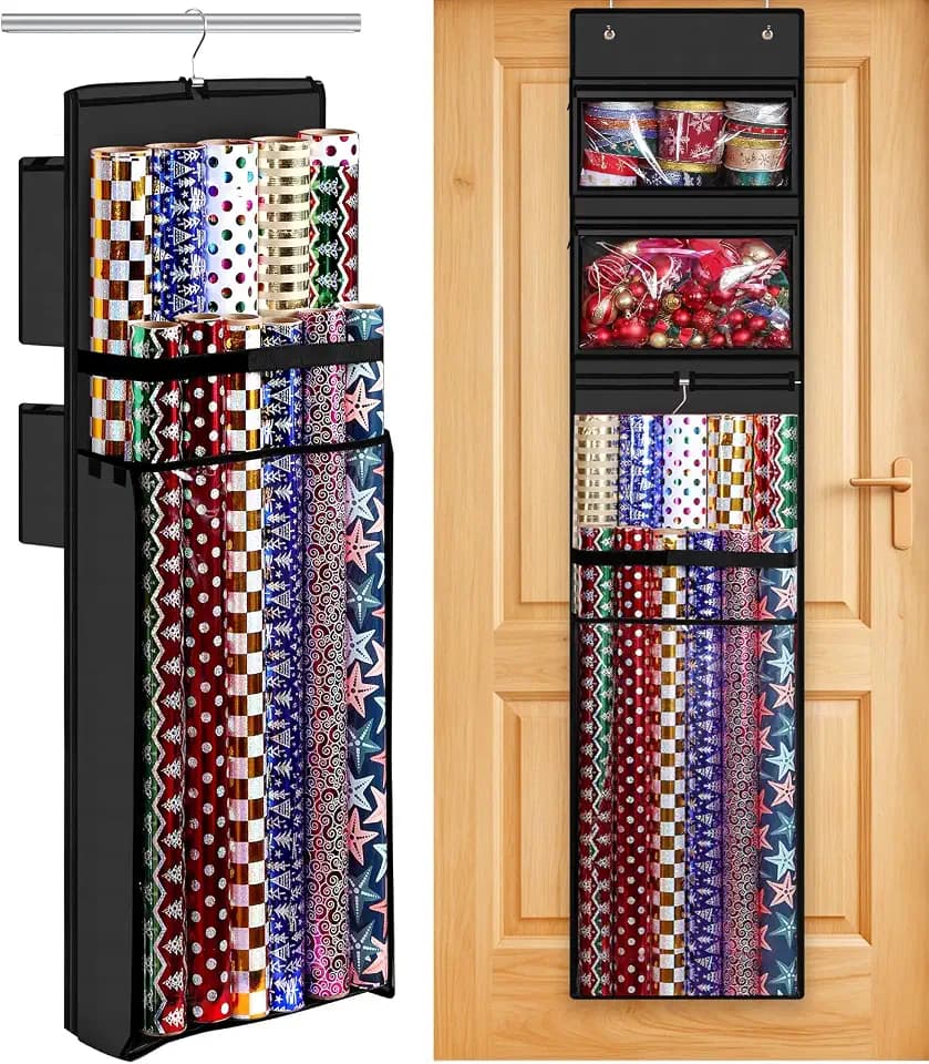 Hanging Wrapping Paper Organizer Storage, Over Door Gift Wrap Roll Holder