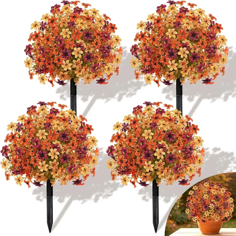 4 Pack Artificial Fall Flowers for Outdoor, 23'' Topiary Ball with Stake