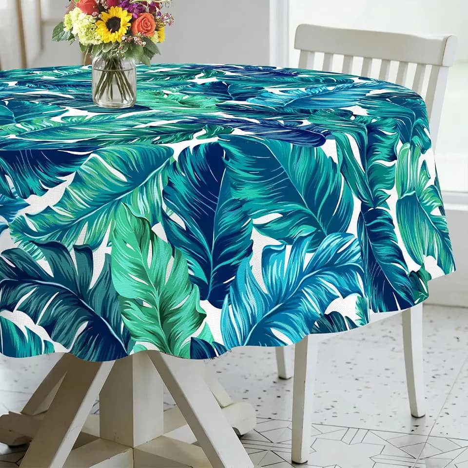 Round Tablecloth Waterproof Fabric 60x60 inch French Palm Leaves Tablecloth for Kitchen Dining Room