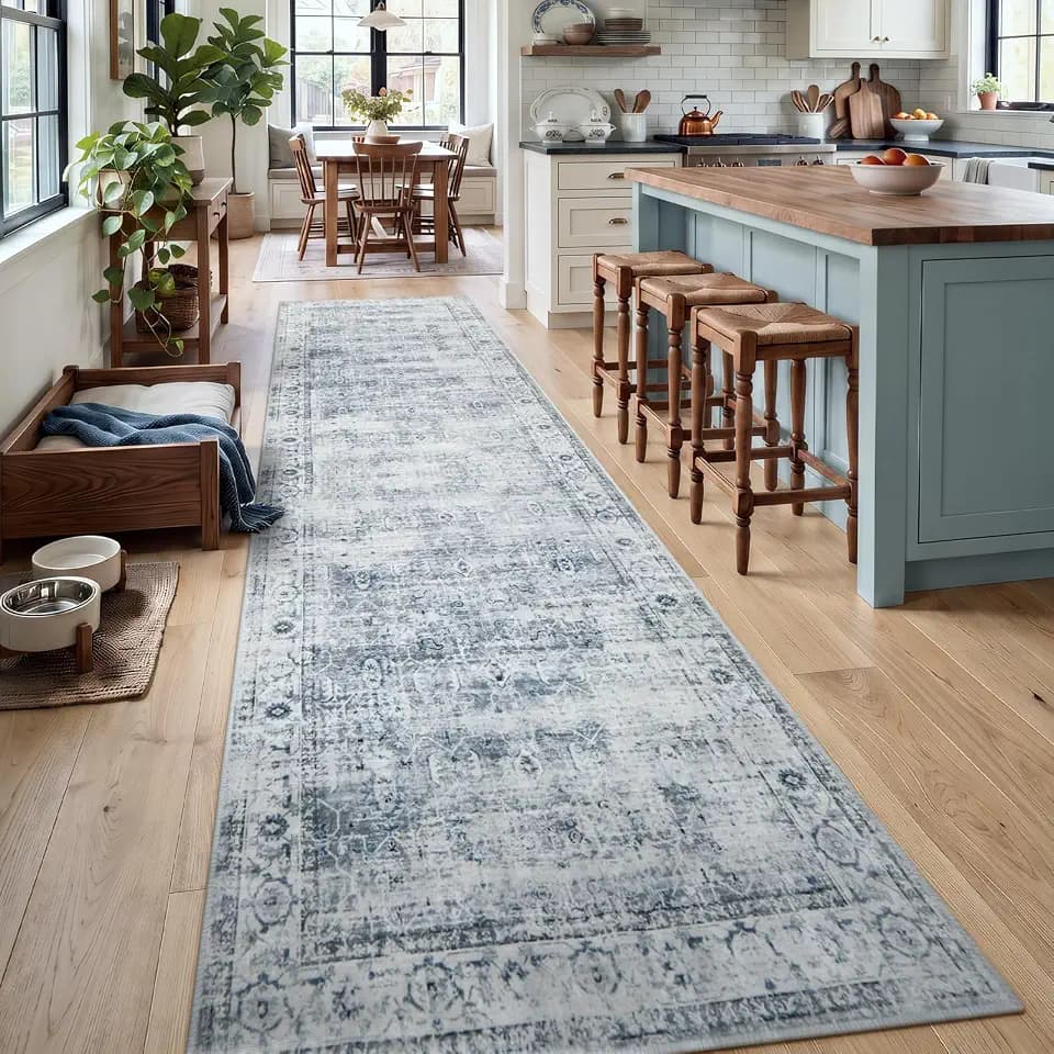 Morebes Vintage Hallway Runner Rug 12 ft, Extra Long Washable Kitchen Rug Runner Non-Slip, Soft Indoor Floor Throw Carpet for Hall Living Room Dining Room Office Farmhouse, Blue-Gray
