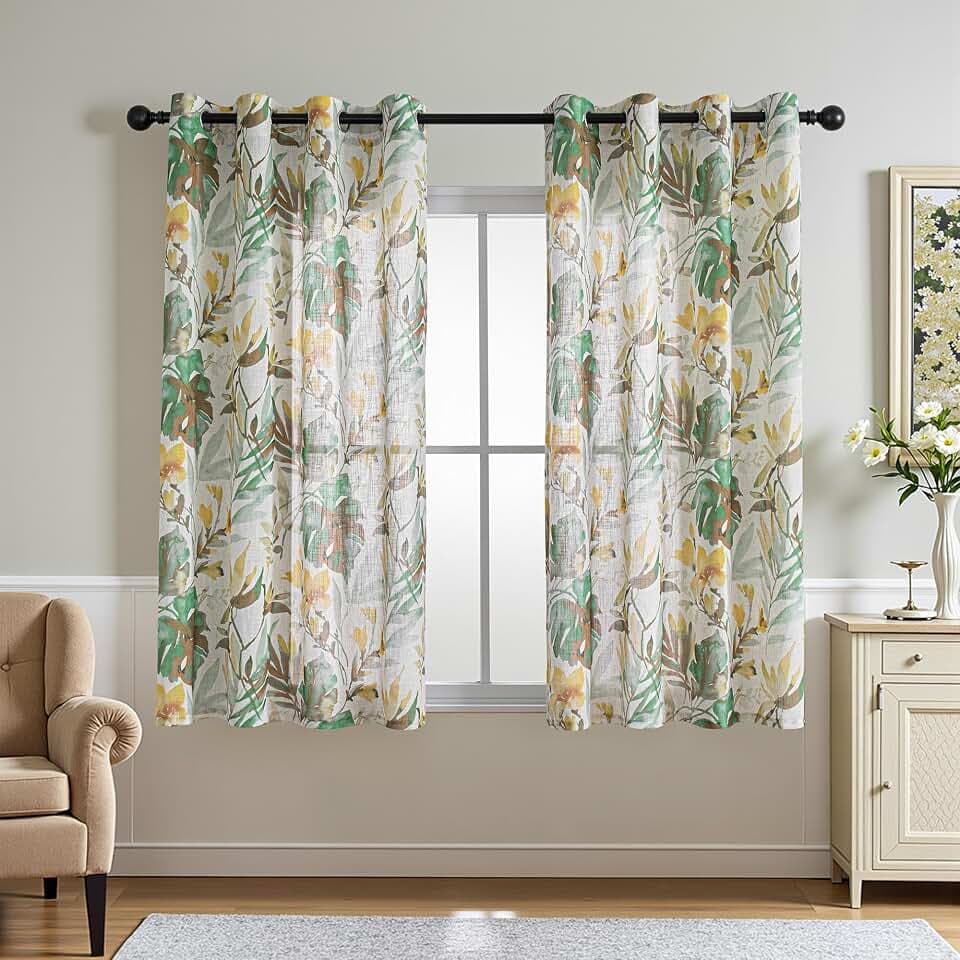 MYSKY HOME Floral Kitchen Curtains 54 inches Long, Linen Curtain Panels Modern Style Linen Polyester Blend Texture for Home Decor, Light Soften Privacy Drapes, Yellow and Natural, Set of 2