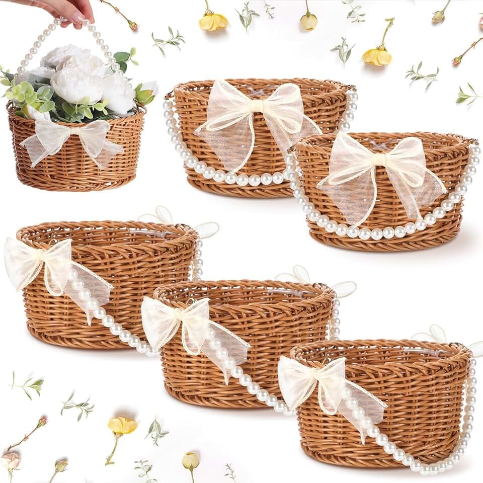Chunful 6 Set Small Wicker Rattan Flower Girl Basket 3.3 x 6.2'', Brown