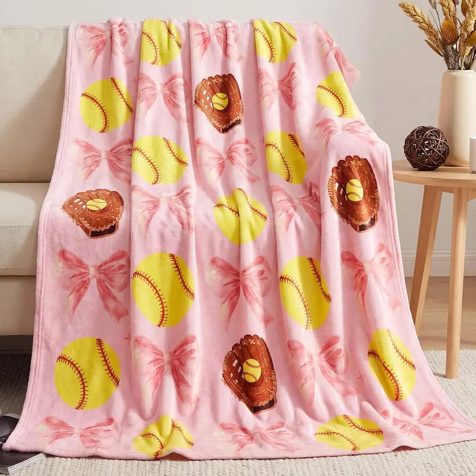 HunnmingRe Softball Blanket 50''x60'', Coquette Pink Bow Pink Soft Throw Blanket Softball Gifts for Girls Women Team Players Coach Unique Gifts for Sports Lovers