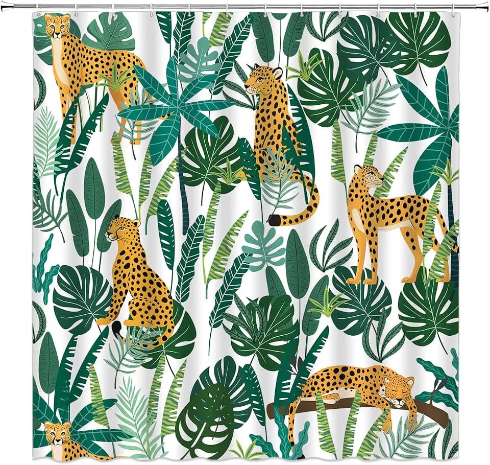 Sunhe Leopard Shower Curtain Asian Wildlife Animal Leopard Cheetah Tiger Green Topical Palm Leaf Topical Watercolor Modern 70" Wx70 H Bathroom Decor Curtain with Hooks