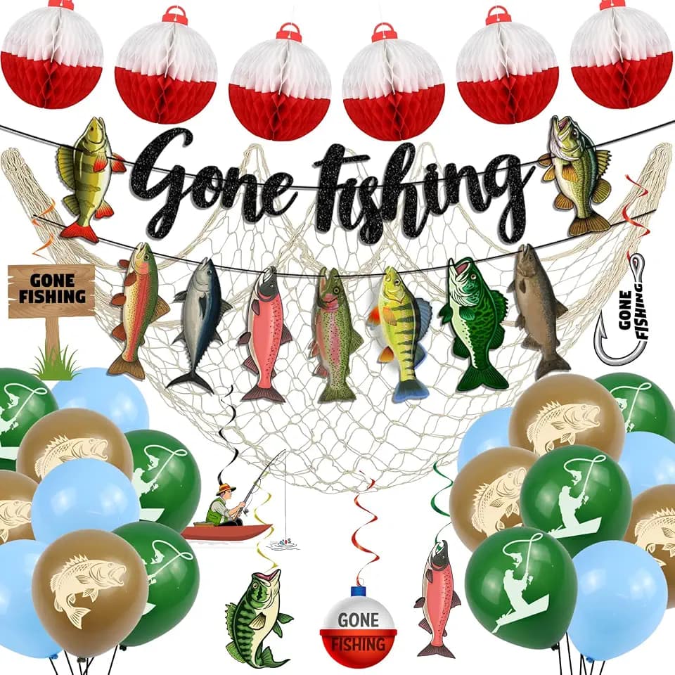 Fishing Birthday Party Decorations, Gone Fishing Themed Banner Fish Net Decor Garland Honeycomb Balloons