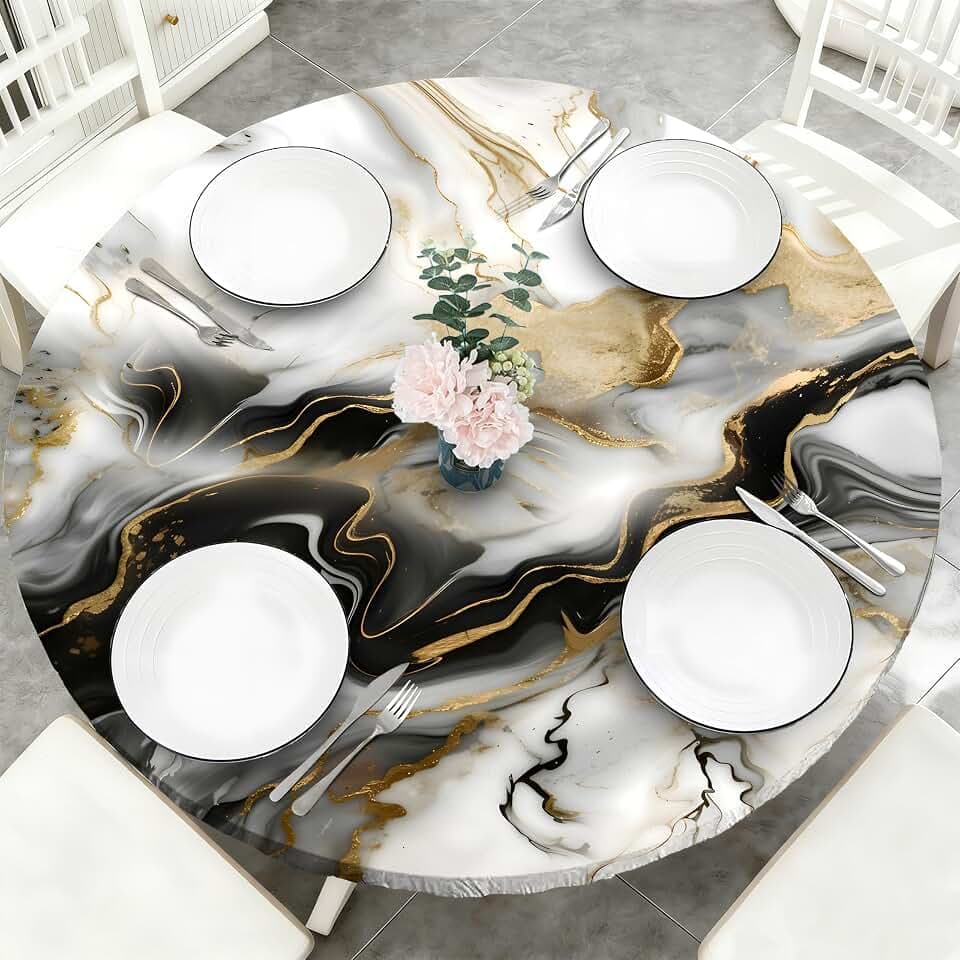 Marble Grain 48 Inch Round Fitted Cloth Tablecloth with Elastic Edged, Waterproof Oil Proof Wipeable Table Cover for Indoor Outdoor Patio Table, Fits Round Tables Up to 46" - 50" Diameter