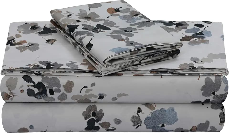 Tribeca Living Cotton Sateen Pillowcases King, Set of 2 Bed Pillow Covers, Floral Print, 300 Thread Count, Luxury Bedding, Lisbon Gray