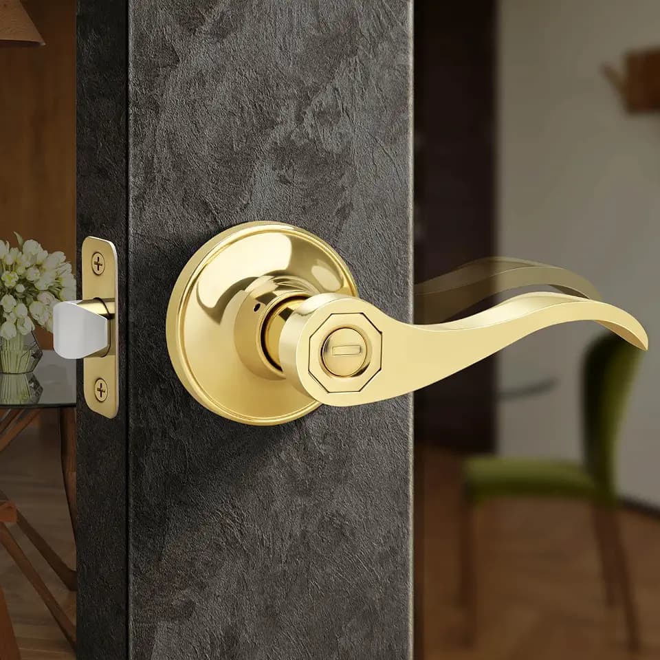 Moquin Privacy Wave Style Gold Door Handles with Lock (No Key), Brushed Gold Door Handles with Reversible Lever for Bathroom and Closet, Polished Brass