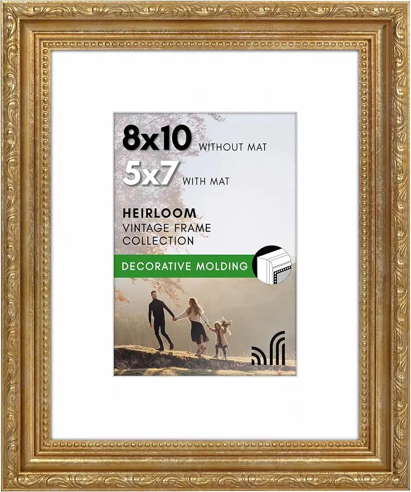 Americanflat 8x10 Picture Frame with Shatter-Resistant Glass - Use as 5x7 Frame with Mat or Display 8x10 Photo Without Mat - Ornate Picture Frames for Wall and Tabletop Display - Gold