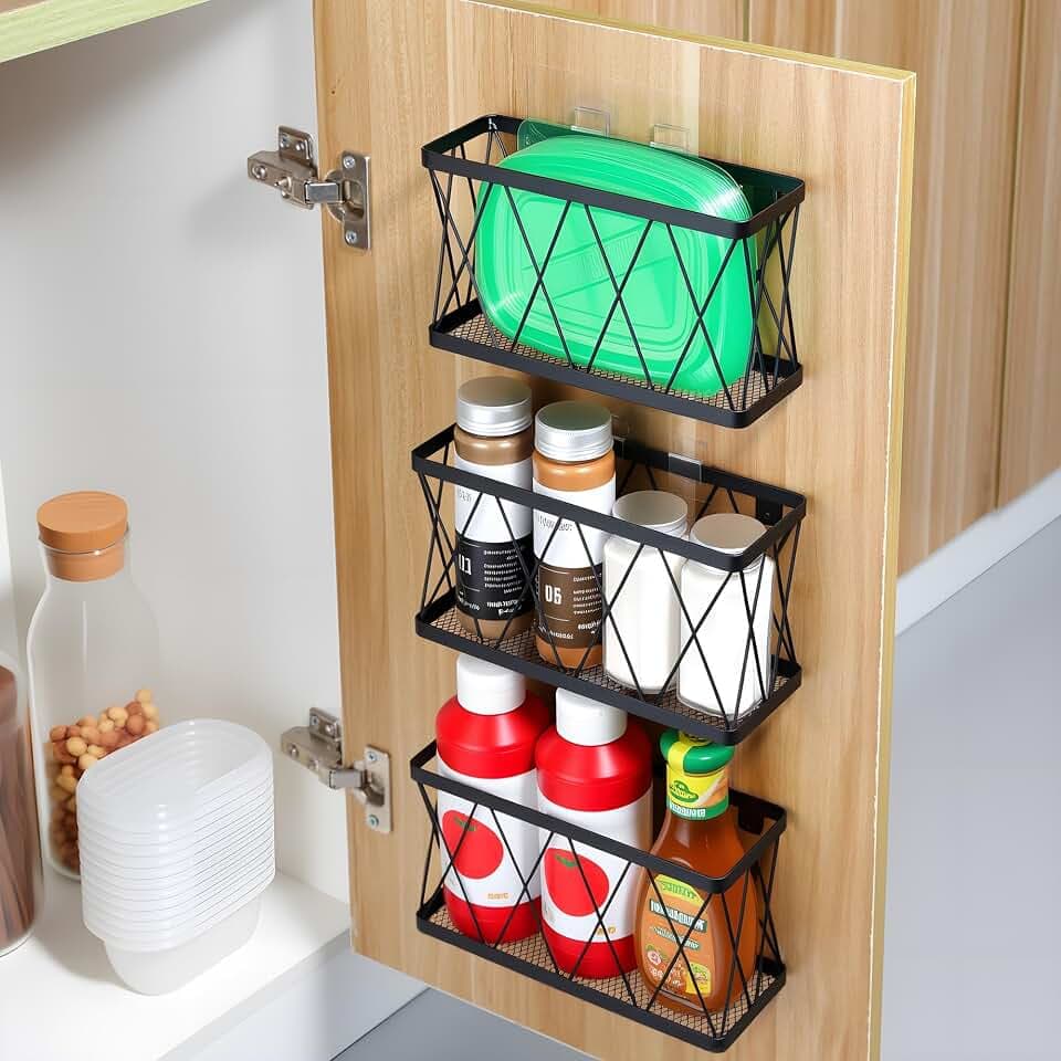 YIGII Cutting Board Holder + 3 Pack Adhesive Cabinet Door Organizer, Black Lid Storage Organizer with, Space Saving Lid Holder for Tupperware Storage Inside Cabinet, Pantry, Kitchen, Bathroom