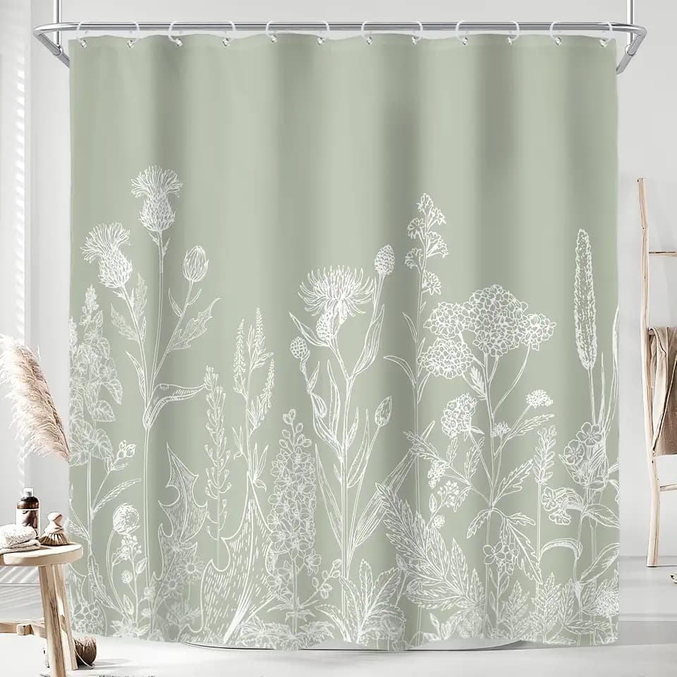 Riyidecor Sage Green Floral Wildflower Shower Curtain for Bathroom Decor 72Wx84H Extra Long Plant Herb Botanical Spring Nature Leaf Rustic Art Printed Fabric Polyester Waterproof 12 Pack Plastic Hooks