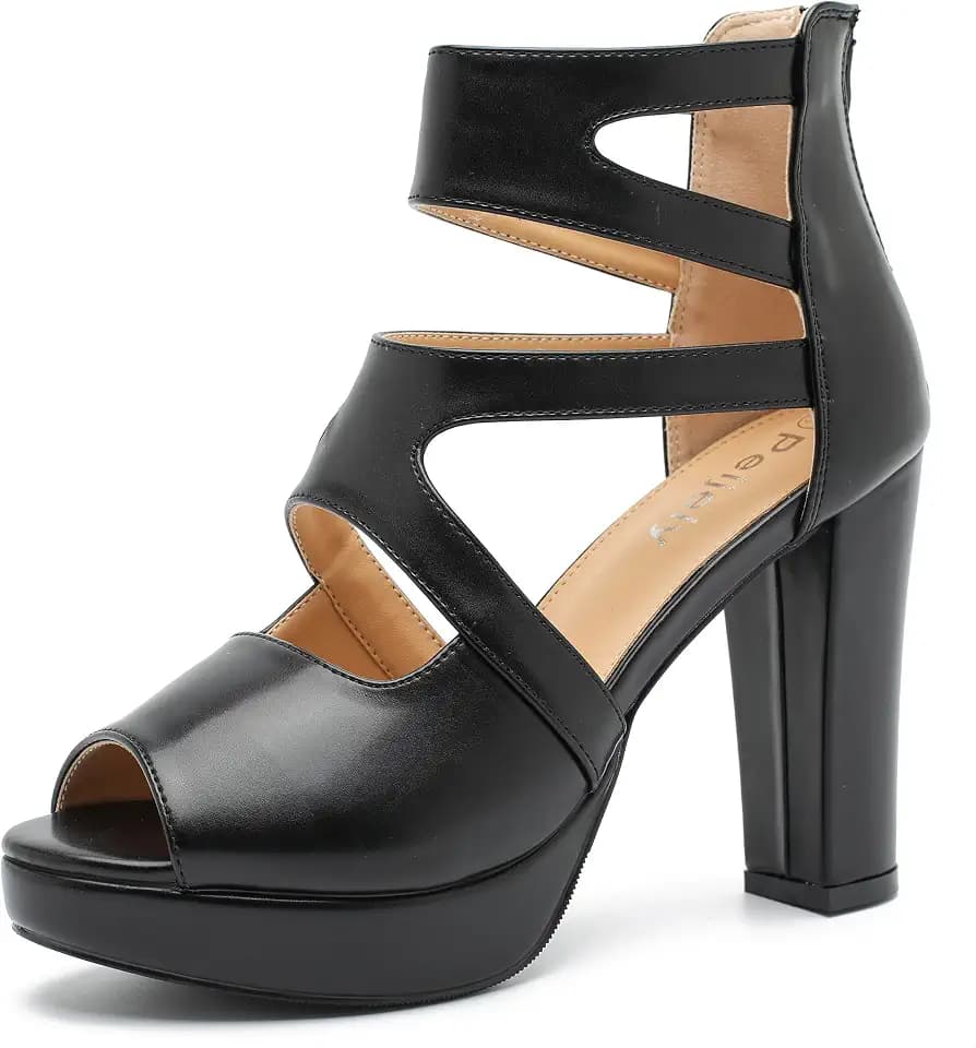 Women's Platform Heeled Sandals, Cutout Strappy, Peep Toe, High Chunky Heel, Back Zipper Closure, Dress Party Shoes