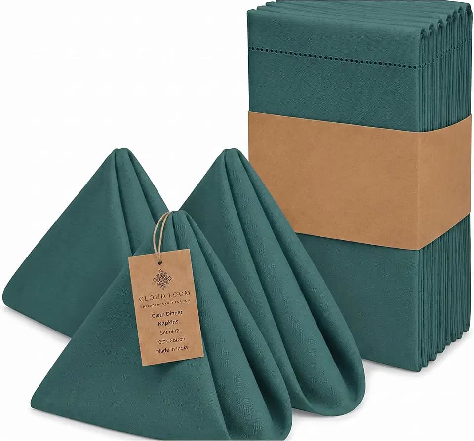 CLOUDLOOM Hemstitch Green 100% Cotton Cloth Napkins Set of 12, 18"x18"