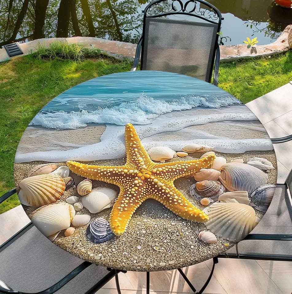 Round Tablecloth, Home Indoor Outdoor Patio Waterproof Wipeable Table Cover Fit 54"-58" Table, 60Inch Tablecover, Seastar