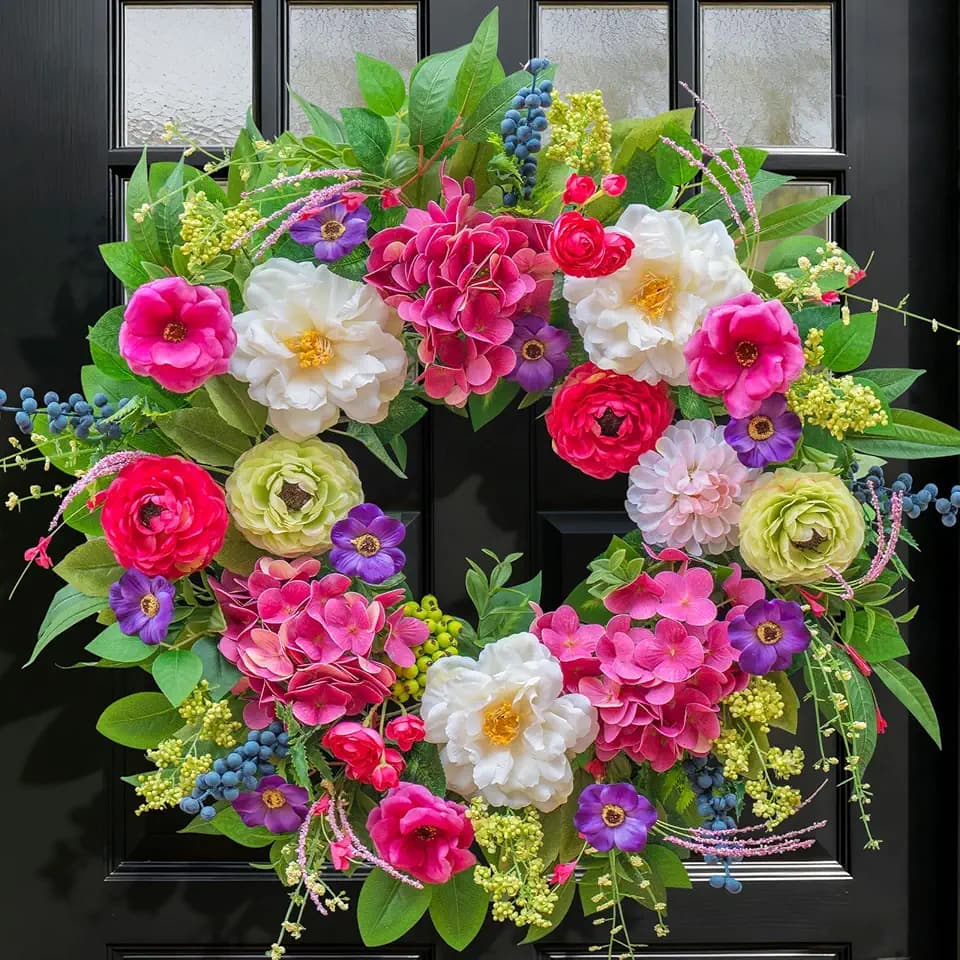 Pinkpuii Spring Wreaths for Front Door 24 Inch Lush Spring Door Wreath with Pink Peonies, Roses, White Blooms & Greenery, Garden Style Summer Flower Wreath for Front Porch, Entryway & Wall Window