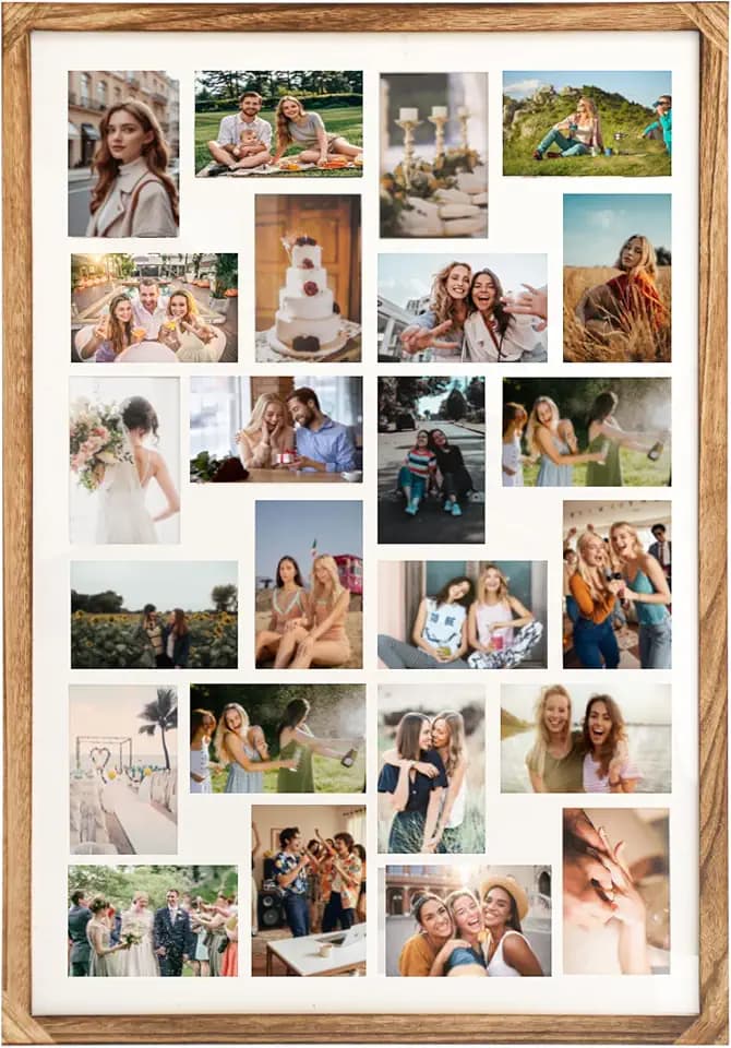 34.5x23.8 Inch Large Wooden Collage Picture Frame for Wall - 24 Opening 4x6 Multi Photo Frame with Mat, Wall Hanging Display (Carbonized Brown)