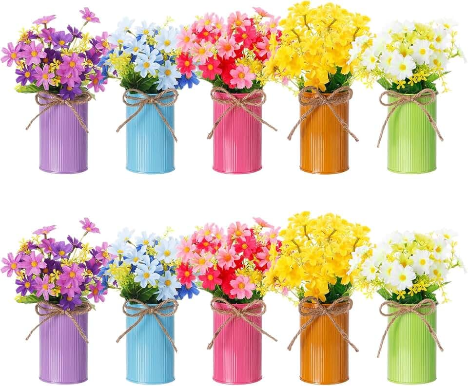 30 Pcs Spring Centerpiece for Table Spring Office Decoration Galvanized Metal Flower Bucket with Artificial Daisy Flower Bunny Pick, Springs Floral Arrangement for Wedding Birthday Party