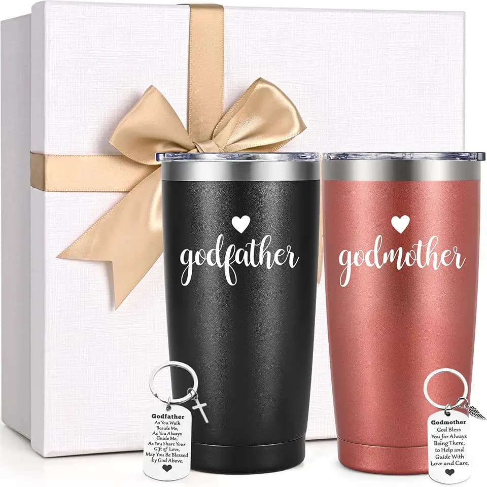 LiqCool Godparents Proposal Gift, Godmother & Godfather 20Oz Tumbler with Keychain & Gift Box Set, Baptism & Christmas(Black & Rose Gold)