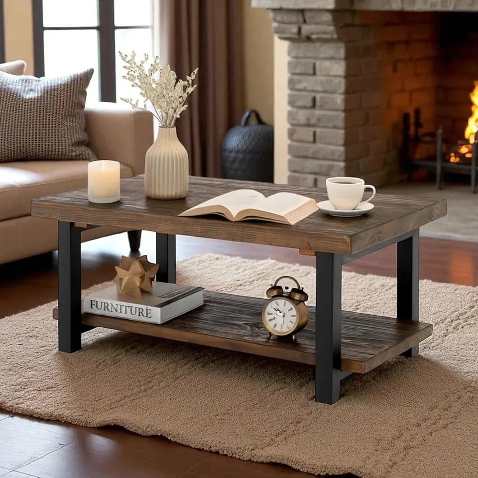 Alaterre Pomona 42 Inch Coffee Table with Storage Shelf, Rustic Natural