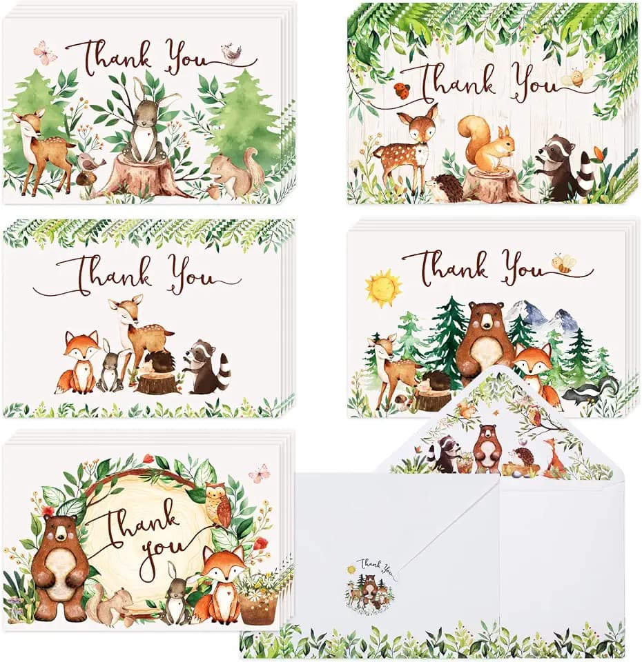 Hunanyume 50-Pack Woodland Thank You Cards, 4x6, with Envelopes Stickers
