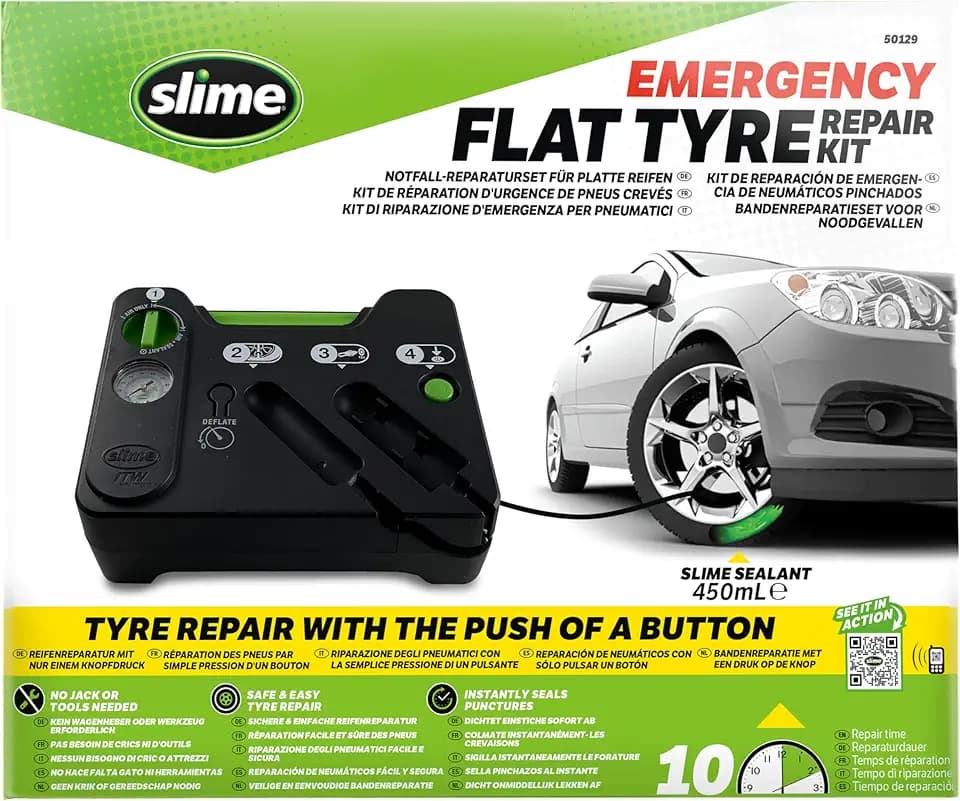 Slime 50129 Flat Tyre Repair Kit, Notfall-Reifenreparatur bei Pannen, inkl. 450mL Dichtmittel und Kompressor, Reparatur auf Knopfdruck, für PKWs und andere Straßenfahrzeuge, Reparatur in 10 Minuten