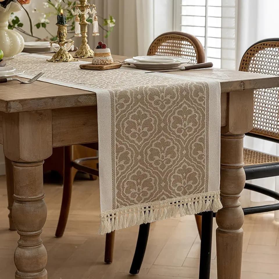 Farmhouse Boho Table Runner, Neutral Woven Floral with Tassels