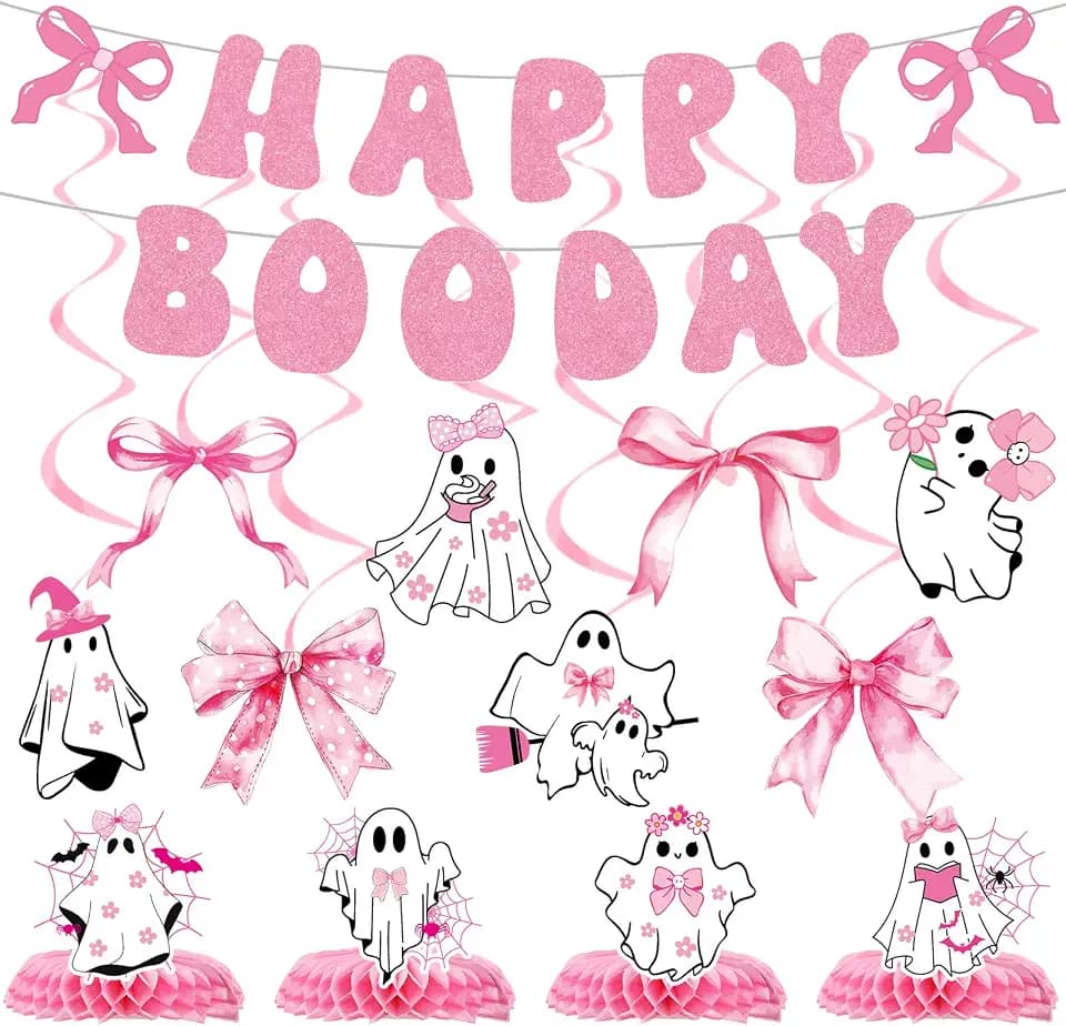 14 Pcs Happy Boo Day Halloween Decorations, Pink Ghost Party Supplies with Banner, Hanging Swirls and Honeycomb Centerpieces, Coquette Halloween Party Decor for Girls Women Birthday