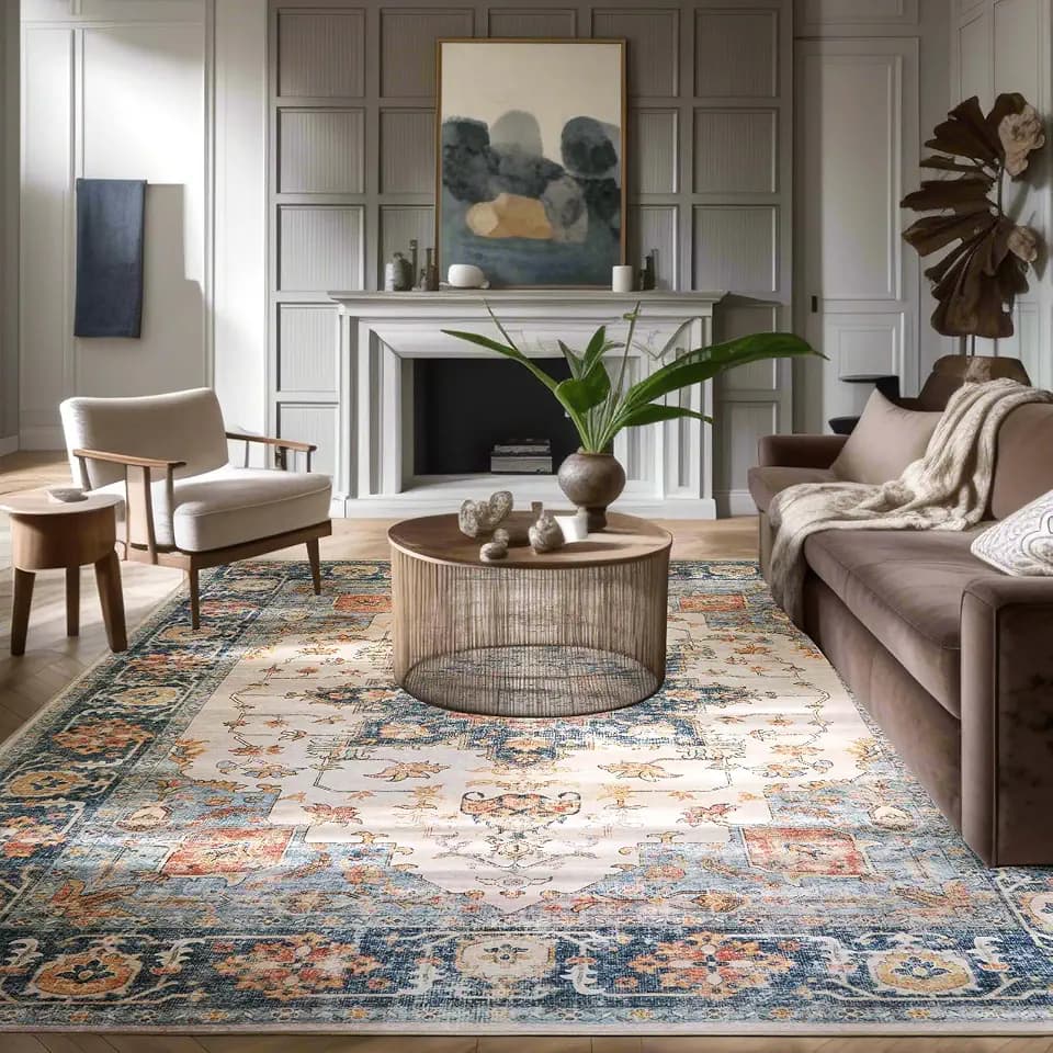 Area Rugs for Living Room 9x12 - Large Machine Washable Vintage Oriental Soft Rug, Low Pile Thin Carpet with Non Slip Backing for Bedroom, Dorm, Under Dining Room Table, Indoor House, Office Decor