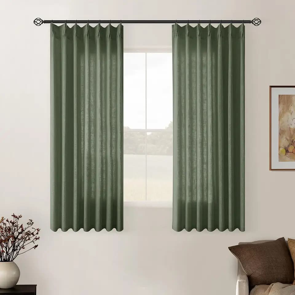 Olive Green Pinch Pleat Linen Semi Sheer Curtains 45 Inch Length 2 Panels