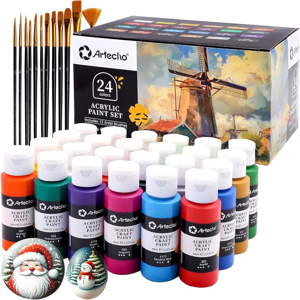 Artecho Acrylic Paint Set 24 Colors 2oz/59ml with 12 Brushes, Art Supplies